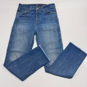 7 for all Mankind Edie Cropped Jeans Size 27 Raw Hem Straight Leg Medium Wash